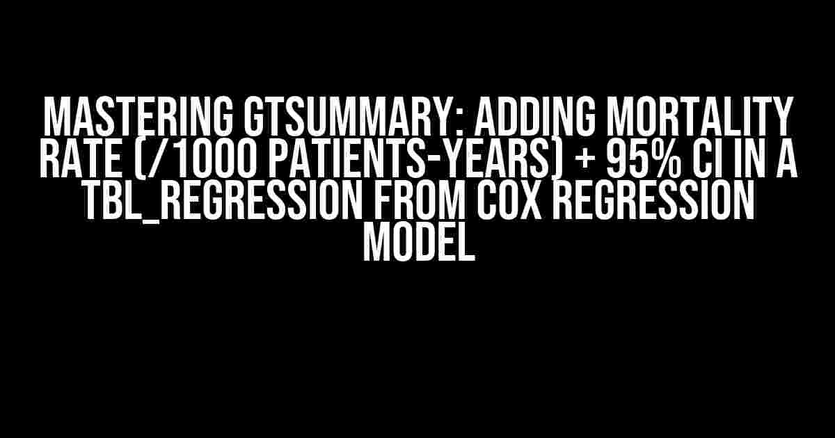 Mastering gtsummary: Adding Mortality Rate (/1000 patients-years) + 95% CI in a tbl_regression from Cox Regression Model